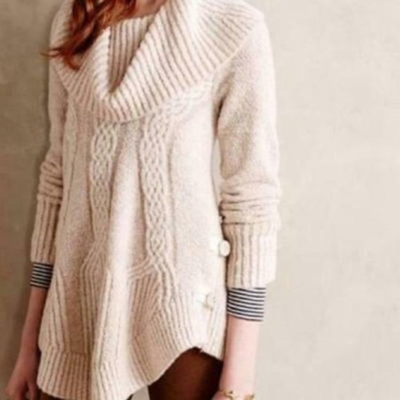 Anthropologie Sweaters - Angel of the North Anthropologie Cabled Cowl Neck Sweater Beige Medium H12288